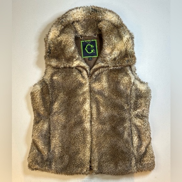 C Wonder Faux Fur Vest Womens Large Brown Tan Full‎ Zip Collar Turtleneck - Picture 1 of 7